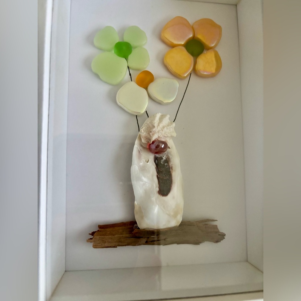 Unique Shell and Glass handmade one of a kind shadow box 5x7 frame with 4x6 art